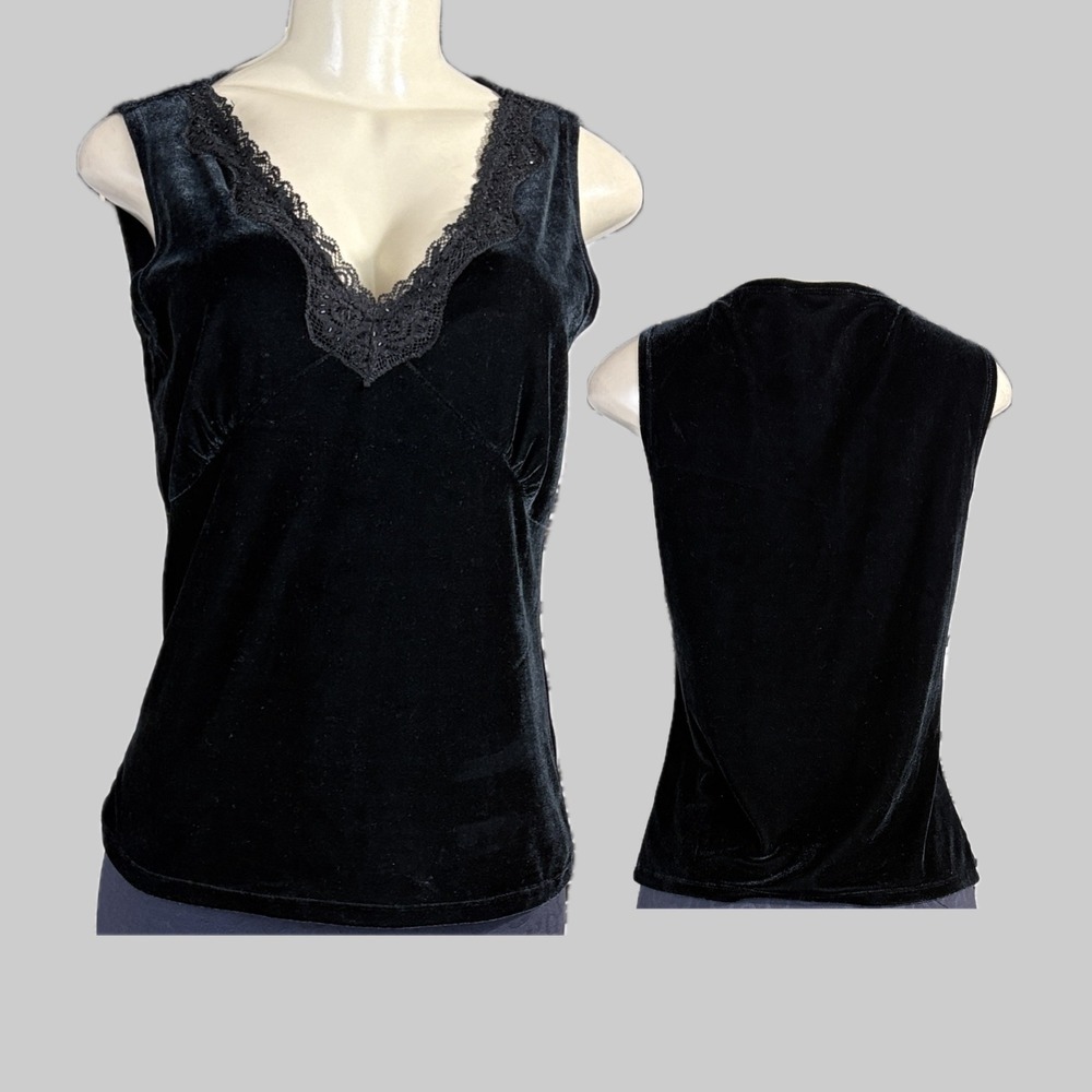 WD-NY L  Black Velour Lace Beaded Deep V-Neckline Sleeveless Blouse Tank Style